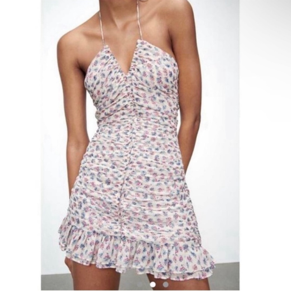 Zara Floral Ruched Halter Back Mini dress